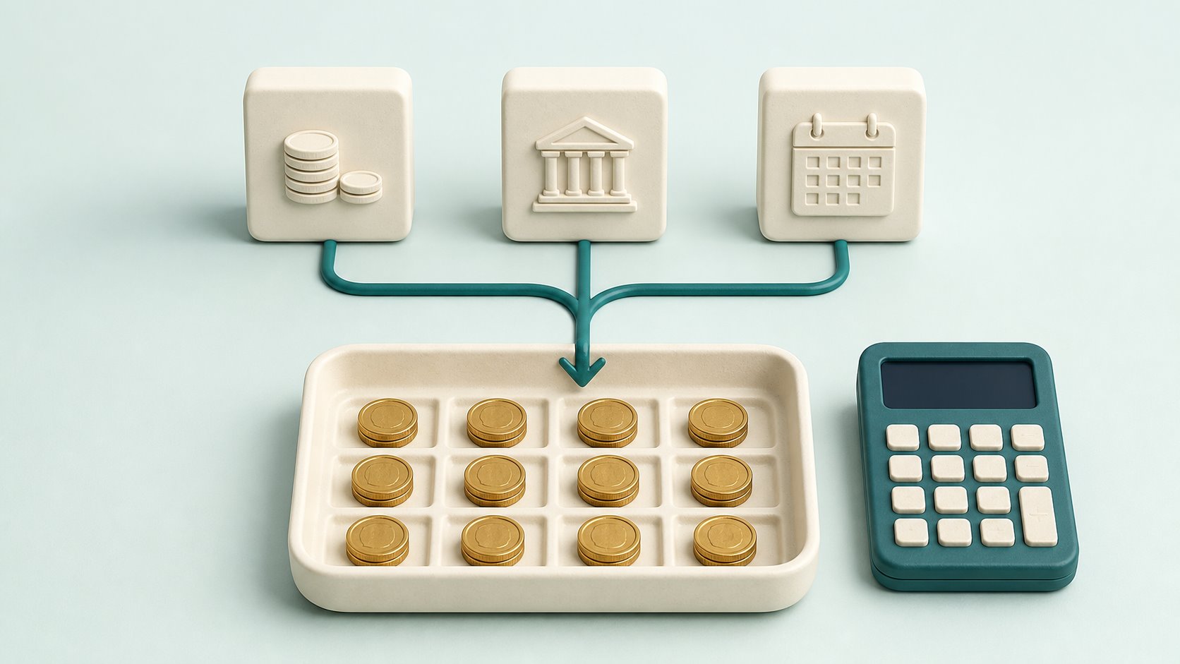 Three income sources flow into a monthly retirement budget beside a teal calculator.