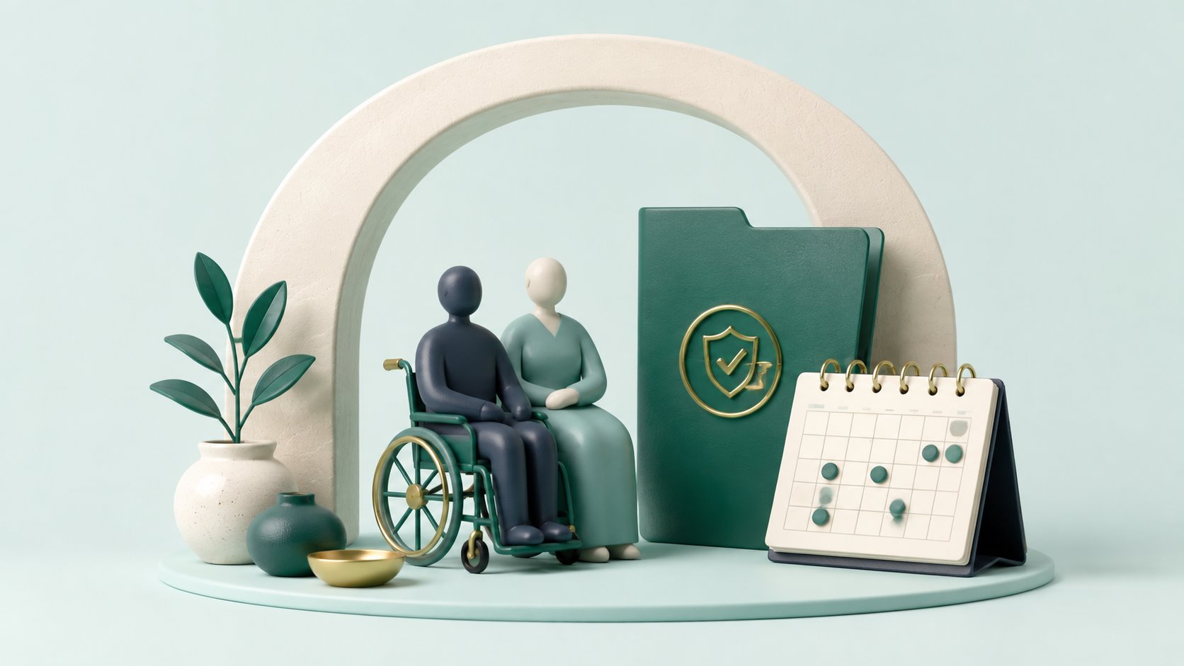 Two adults, including a wheelchair user, beside a trust folder and payment calendar.