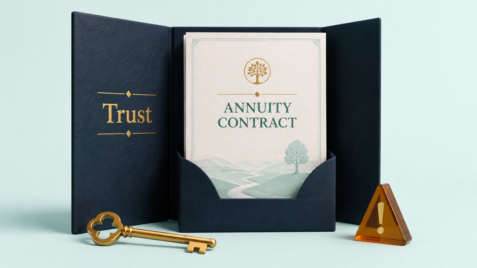 An annuity contract inside a Trust folder beside a key and caution symbol.