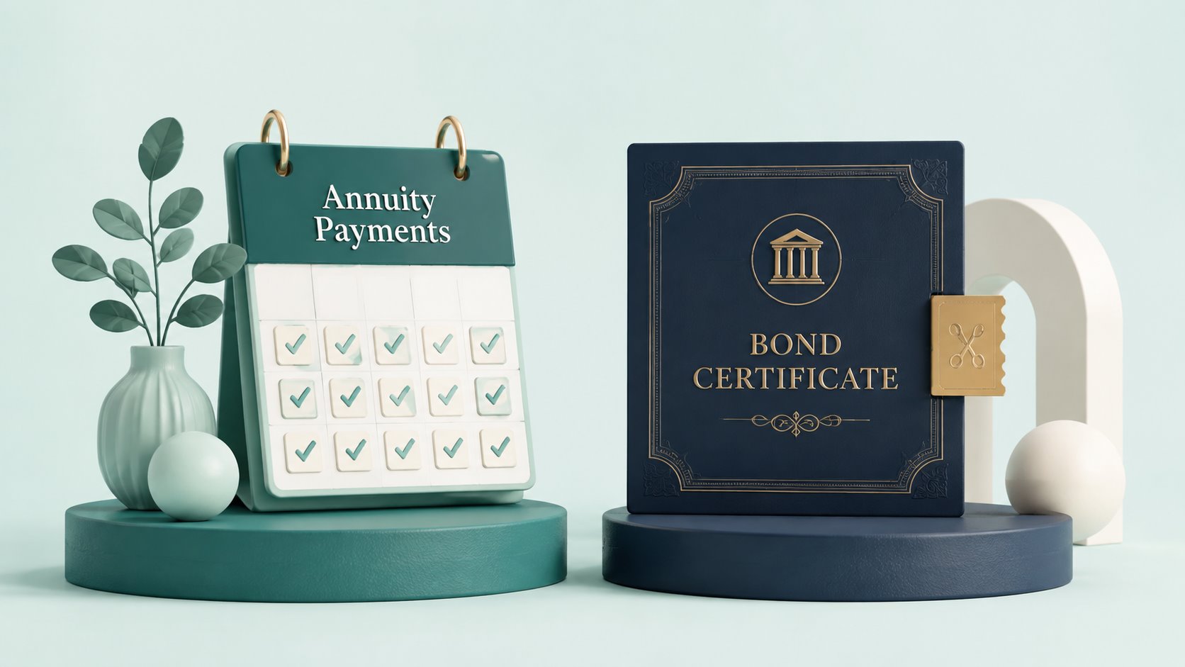 An annuity payment calendar beside a bond certificate.