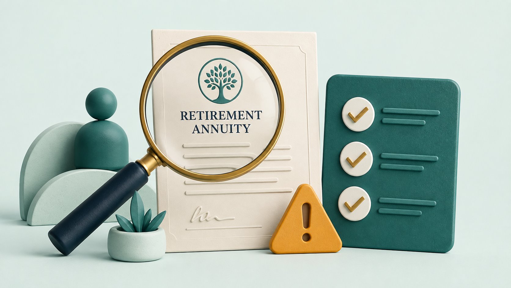 A magnifying glass over an annuity contract beside a warning and checklist.