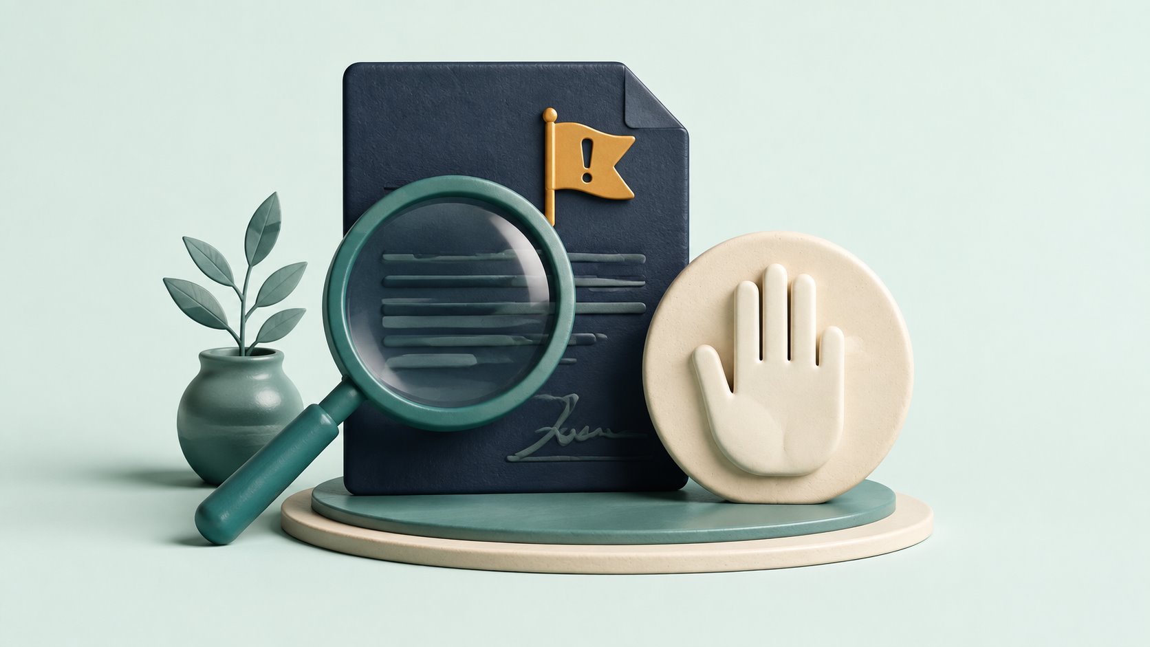 A magnifying glass examining a flagged contract beside a stop-hand symbol.