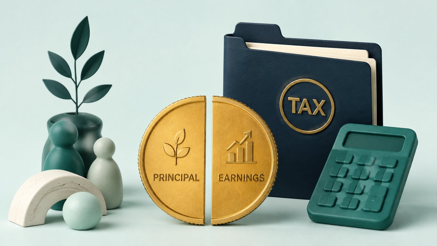 A gold coin divided into Principal and Earnings beside a tax folder and calculator.