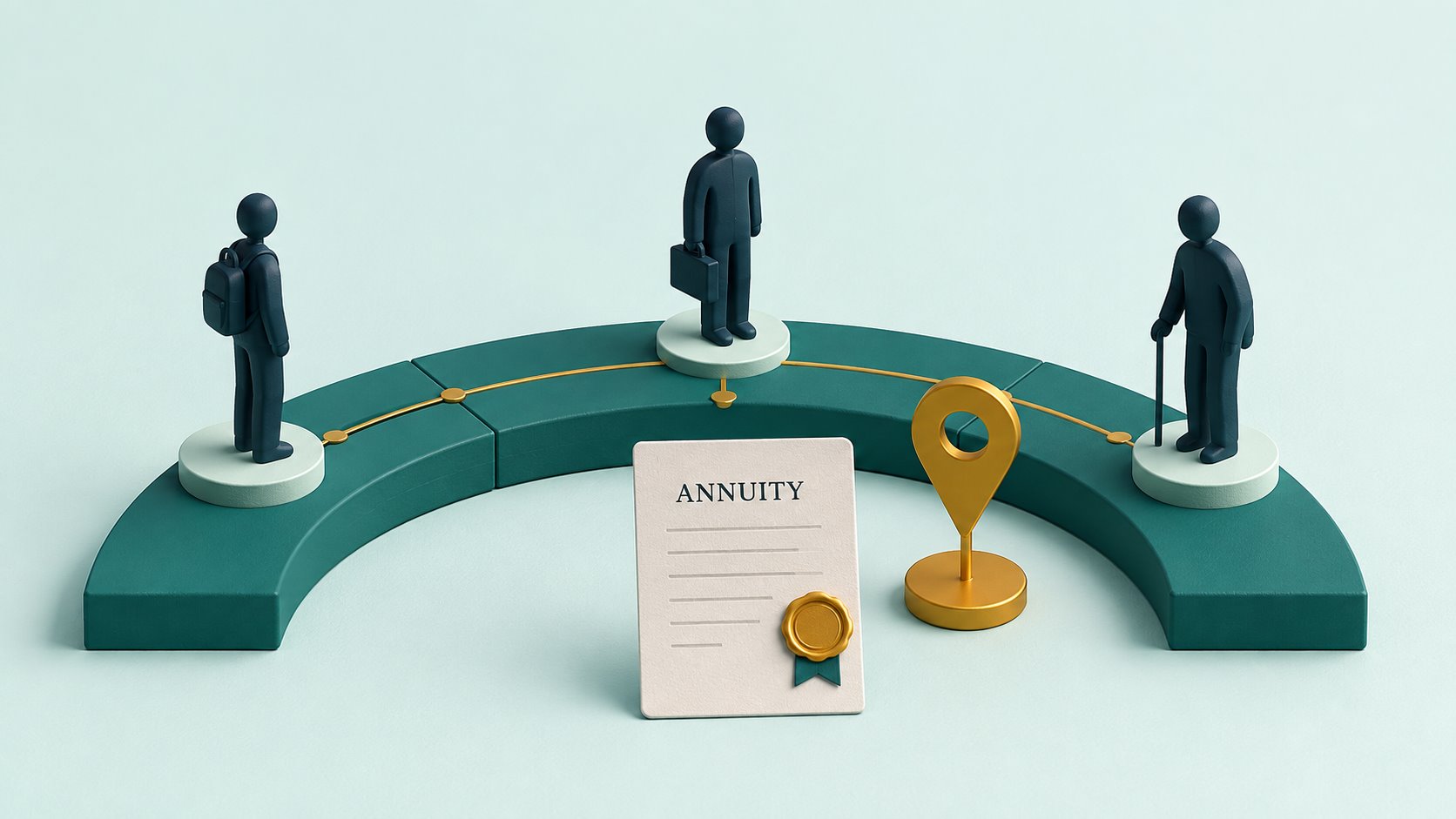Three life stages along a timeline beside an annuity decision marker.