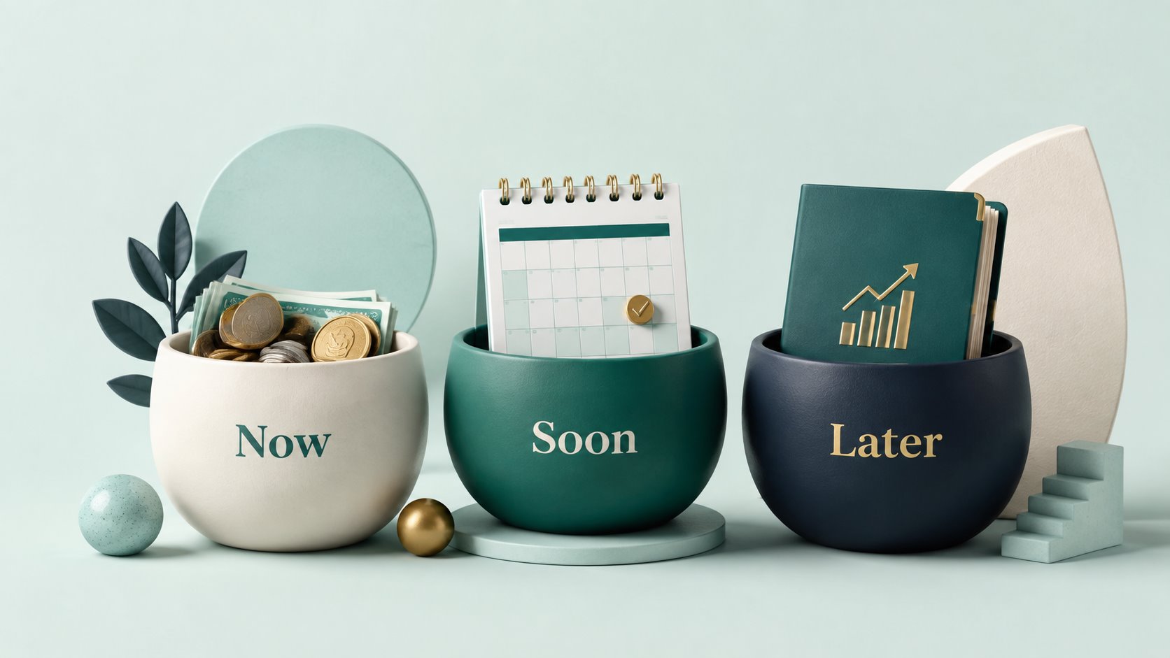 Three retirement savings buckets labeled Now, Soon and Later.