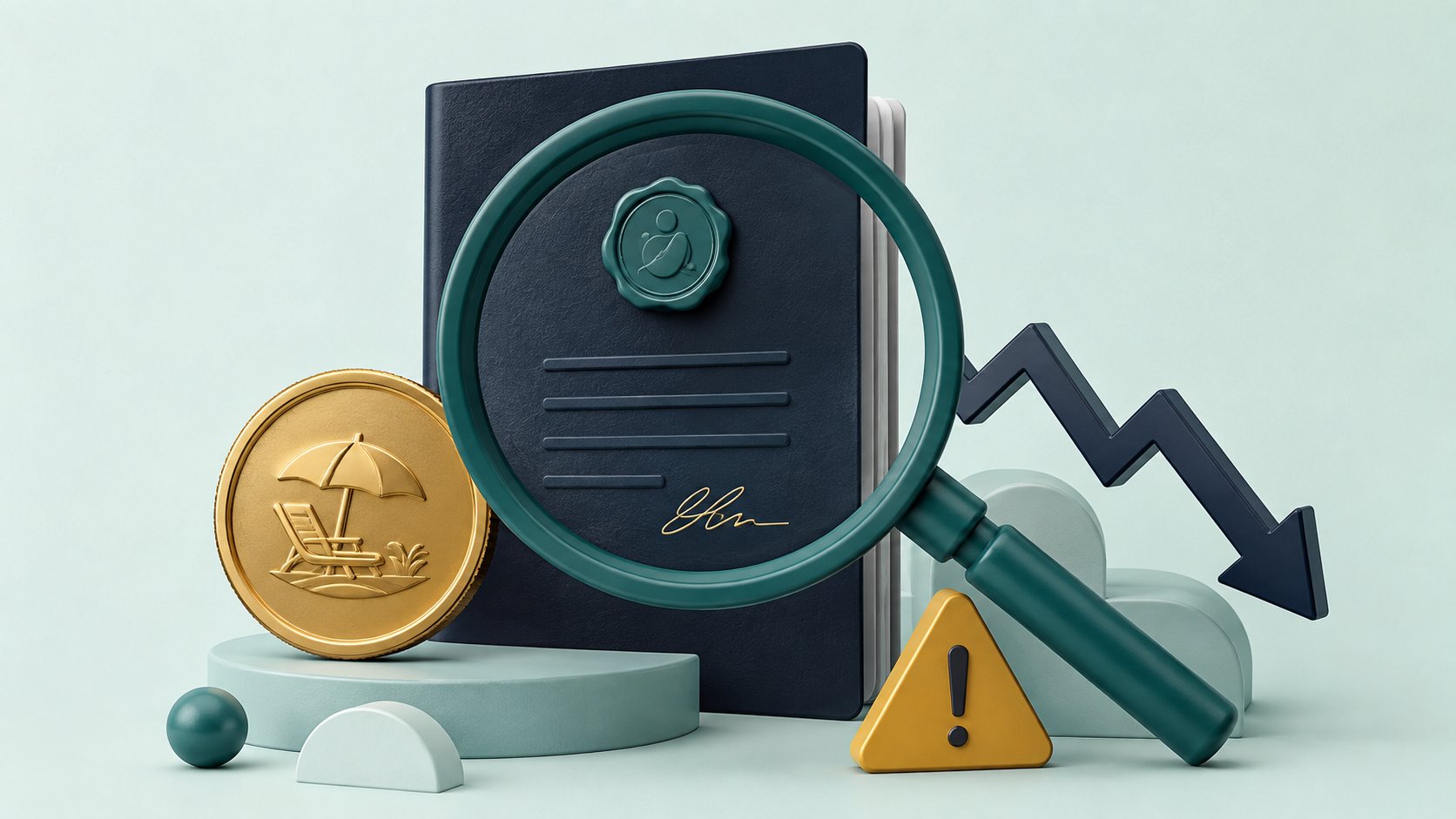 A contract, falling market line and warning symbol illustrating annuity risks.