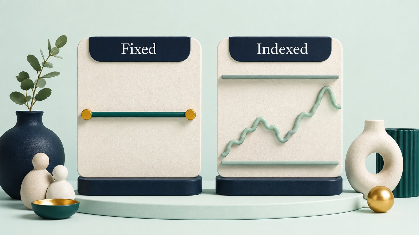 Fixed and Indexed panels comparing a level rail with a fluctuating line.
