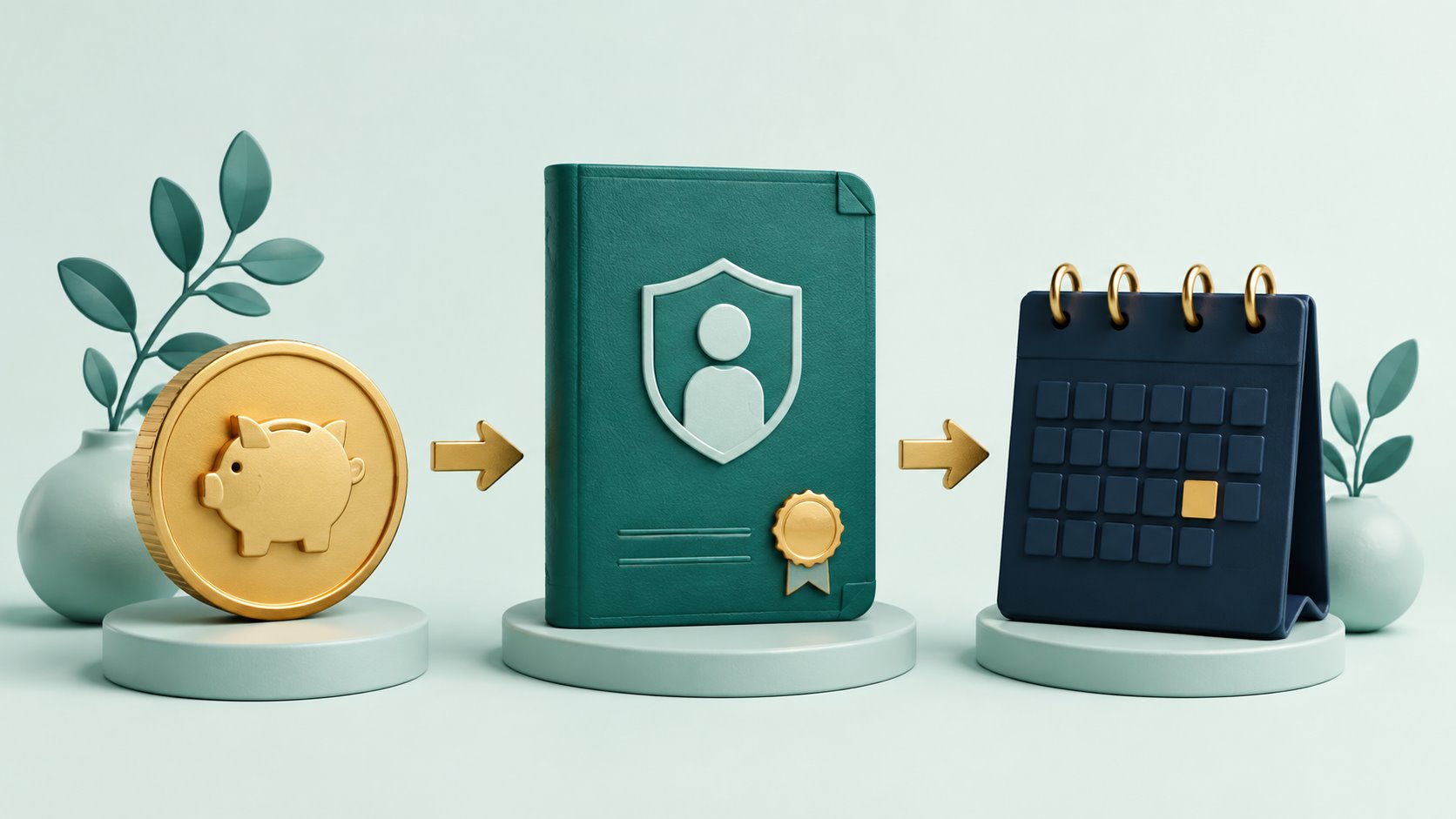 A savings coin, insurance contract and payment calendar connected in sequence.