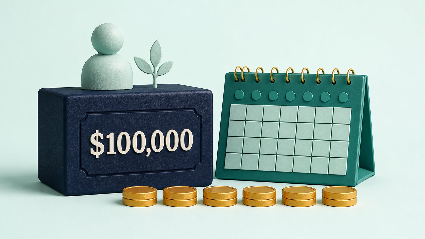 A $100,000 savings block beside a monthly calendar and payment coins.