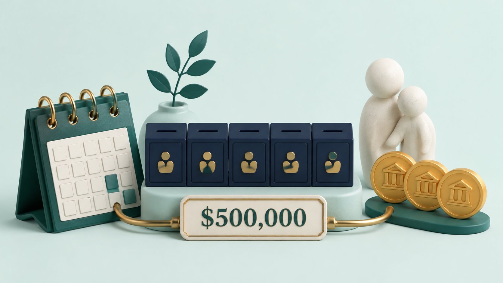 A $500,000 savings display beside a calendar and payment coins.