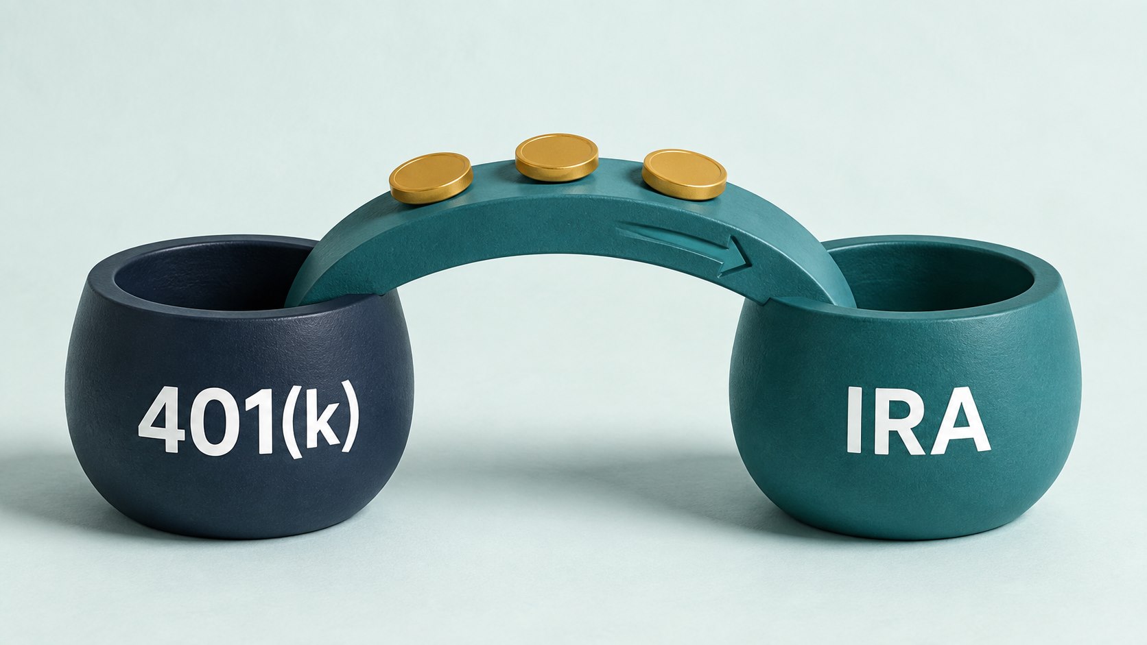 Gold coins crossing a teal bridge from a 401(k) account to an IRA.