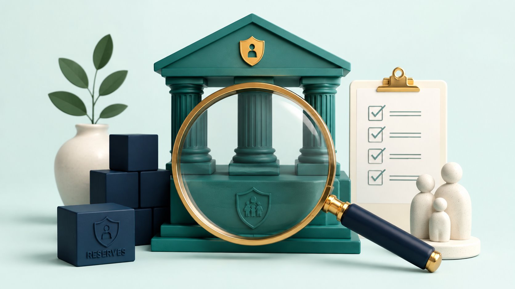 A magnifying glass inspecting an insurance company foundation and reserves.