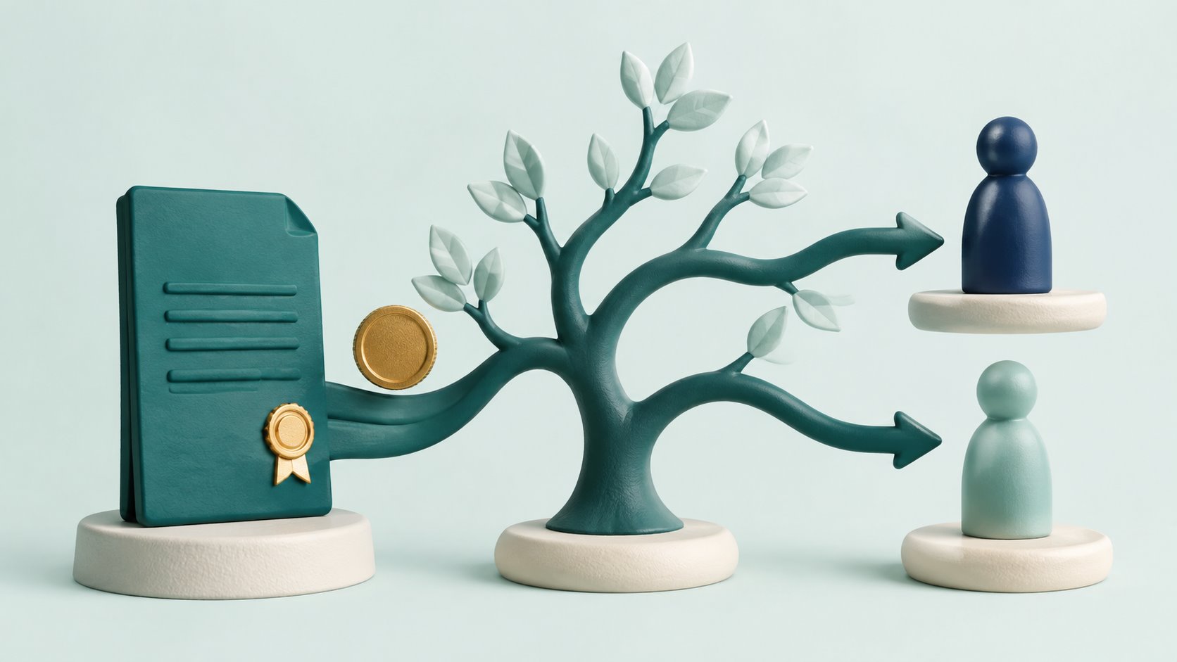 A contract and coin connected through a family tree to two beneficiaries.
