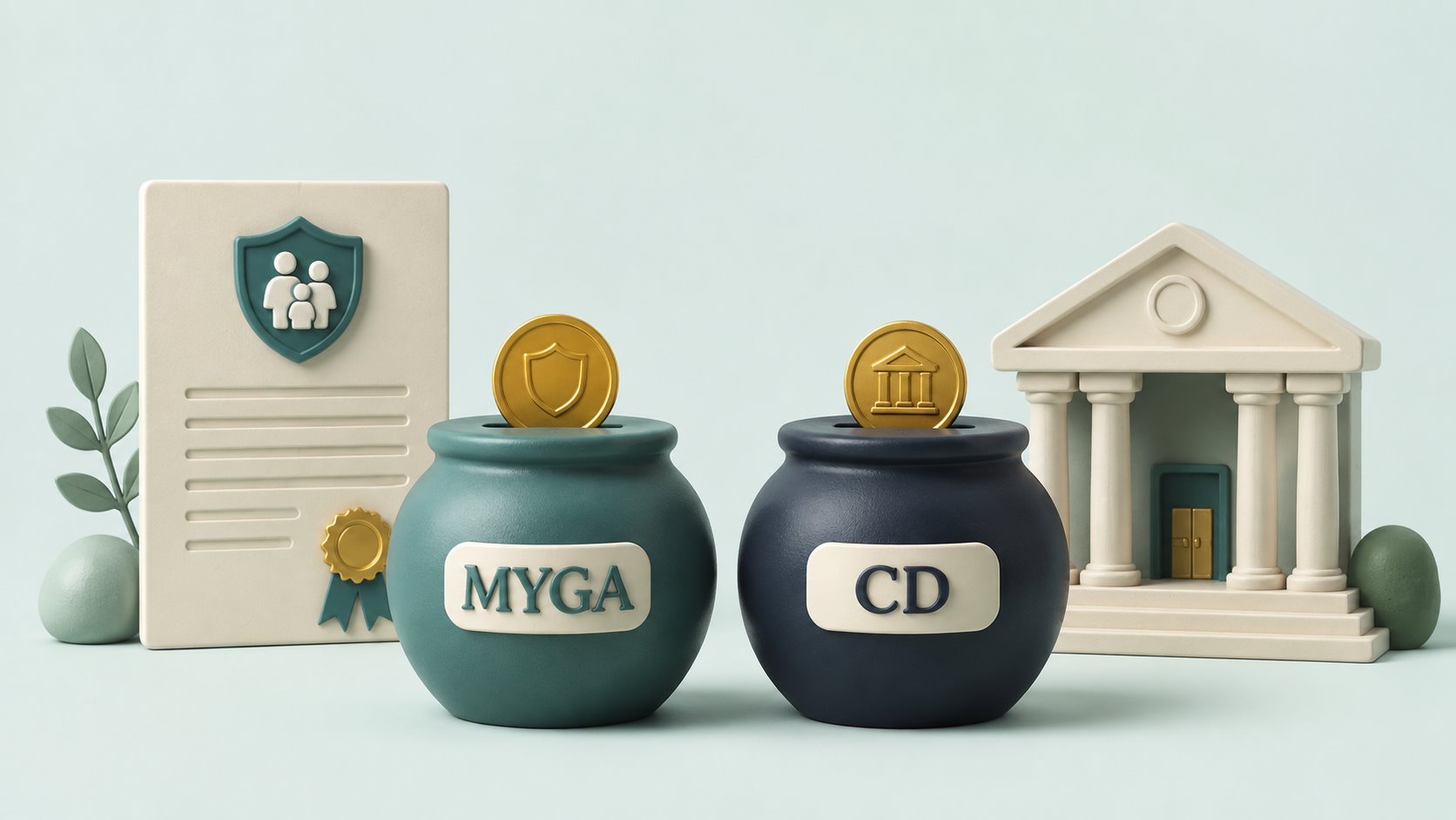MYGA and CD savings vessels beside an insurance contract and a bank.