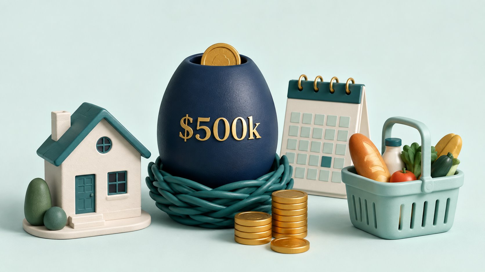 A $500k nest egg beside a home, calendar and grocery basket.