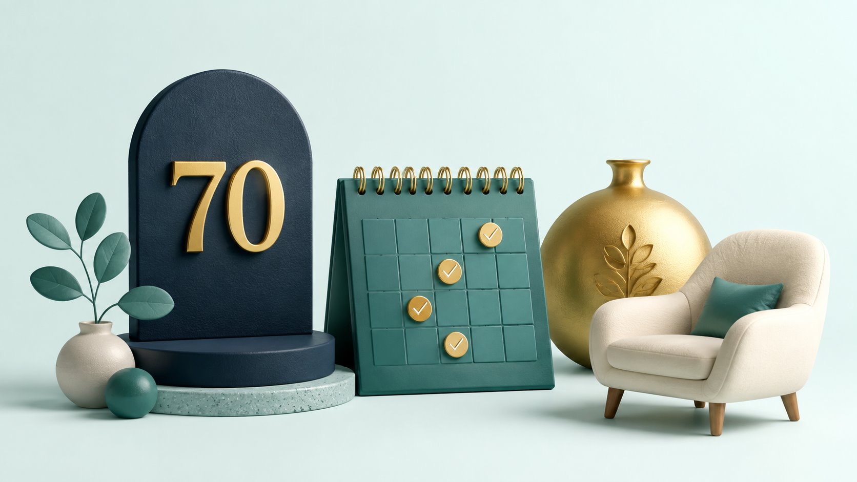 An age-70 marker beside a payment calendar, savings vessel and armchair.