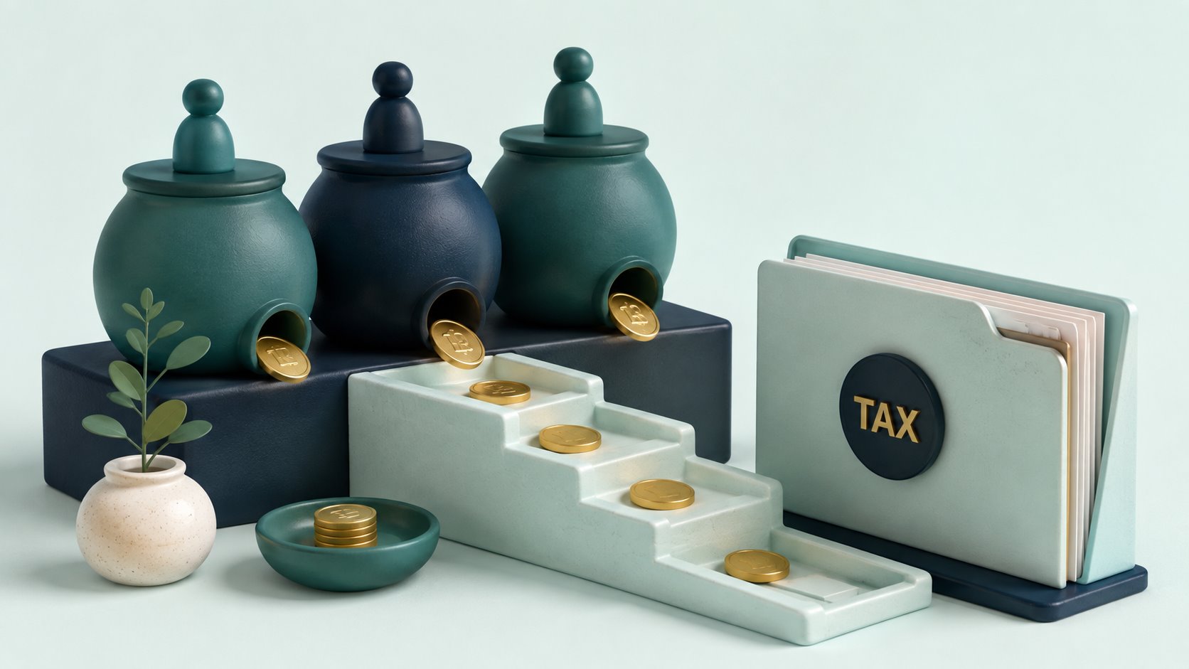 Three accounts feeding a sequence of withdrawals beside a tax folder.