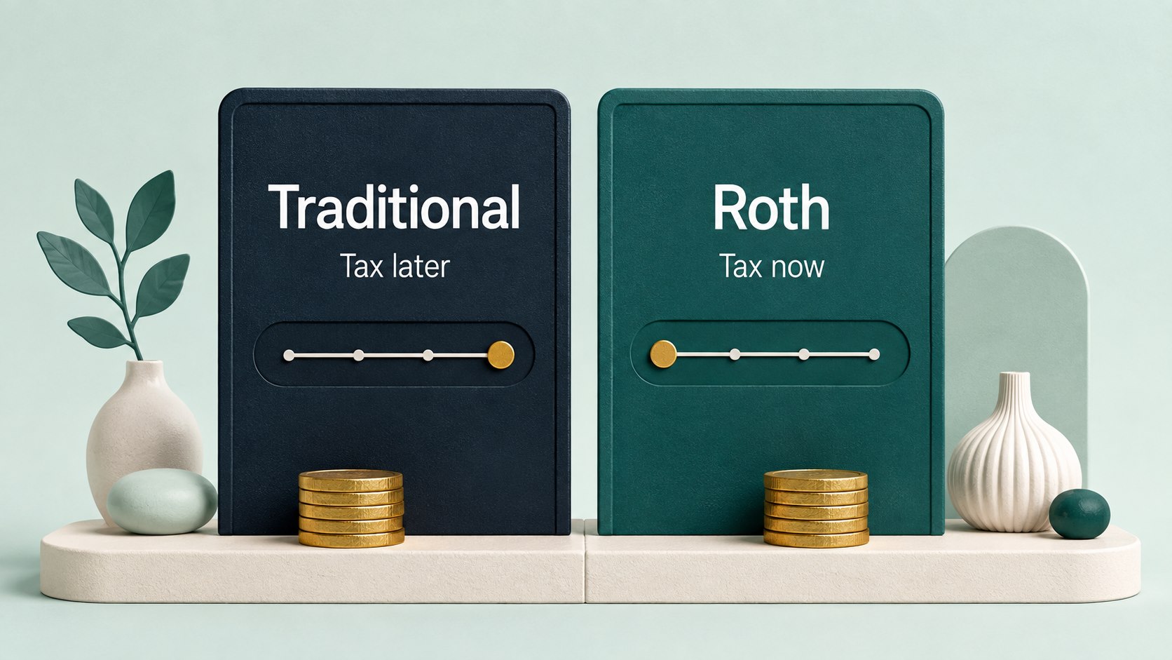 Traditional and Roth IRA panels with tax-timing markers labeled Tax later and Tax now.