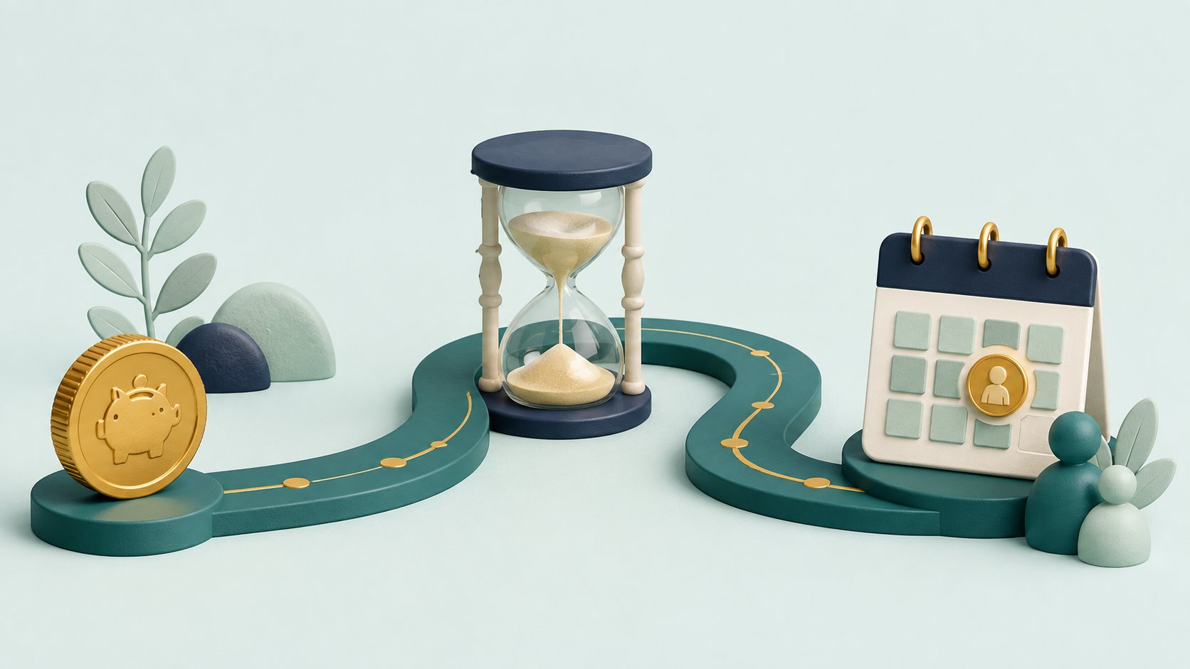 A savings coin connected to a future payment calendar by a timeline and hourglass.