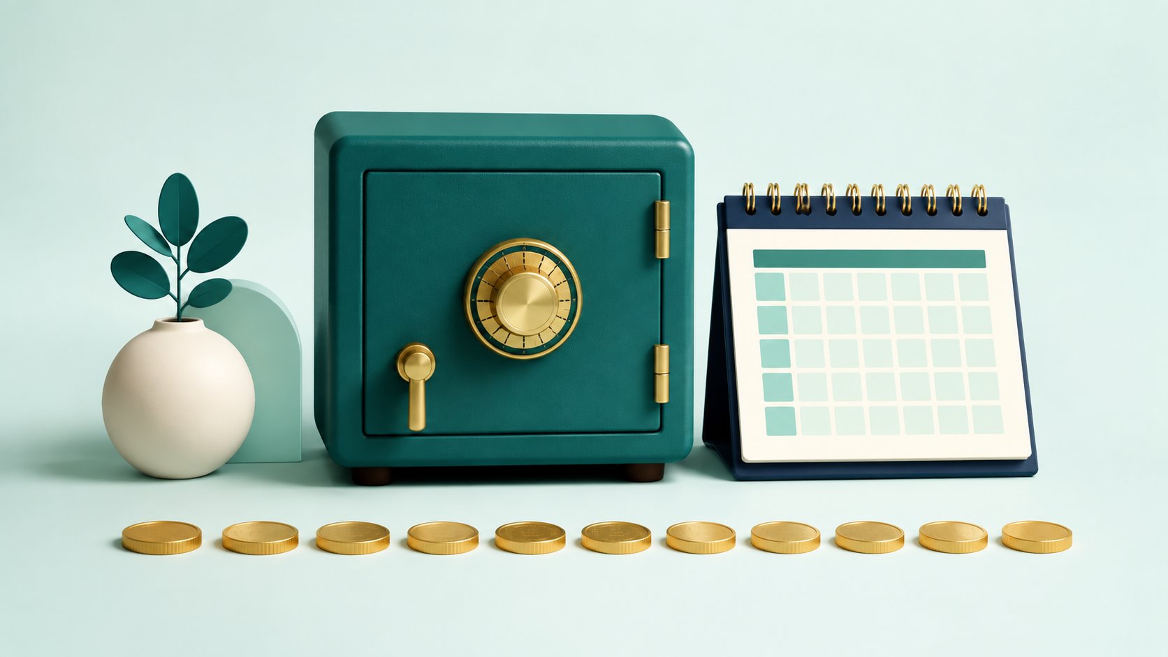 A teal safe and calendar above an even row of gold coins.