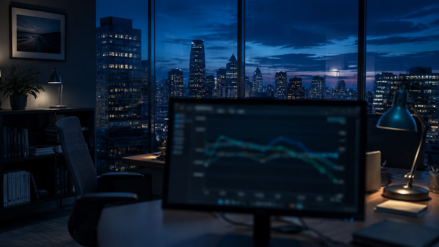 A financial research workstation overlooking a city at dusk.