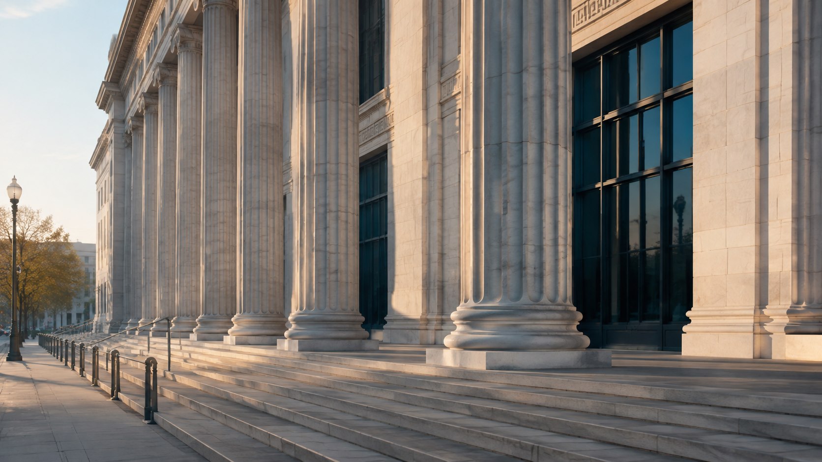 Sunlight falling across the stone columns of an institutional building.