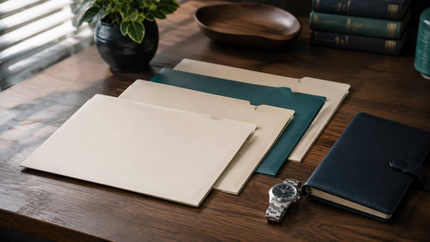 Staggered document folders and a planner on a home-office desk.