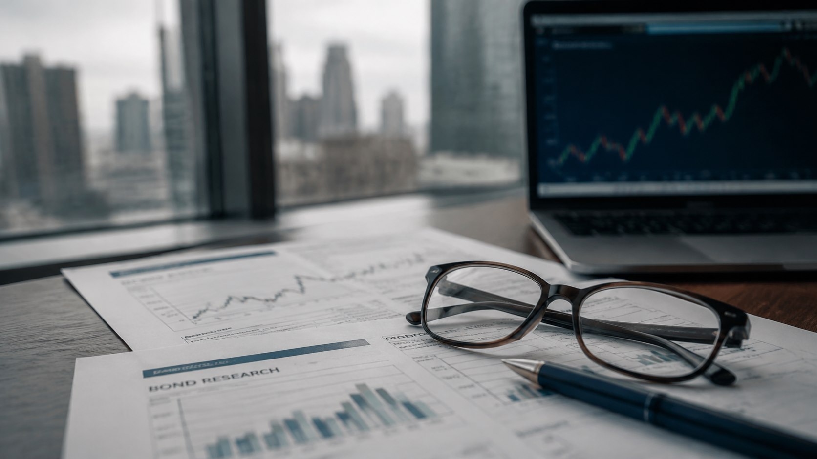 Financial research papers and eyeglasses on a desk beside a laptop.