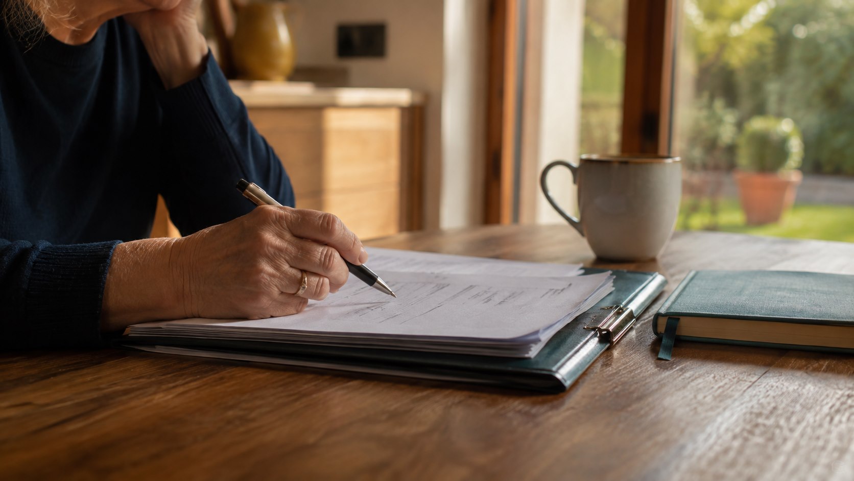 A retirement saver reviewing paperwork at a sunlit kitchen table.