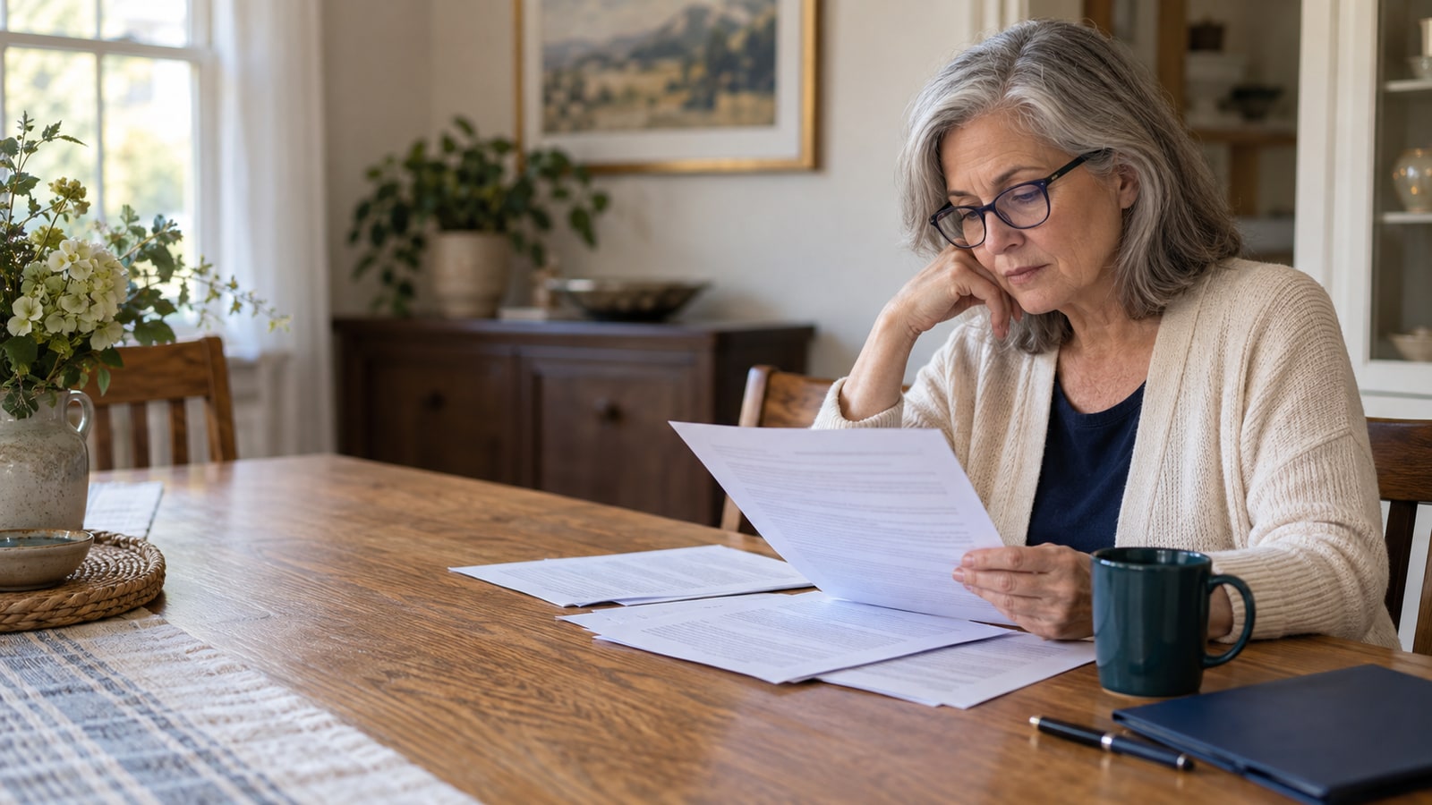 A gray-haired woman reading annuity paperwork at a wooden table beside a teal mug and navy folder.