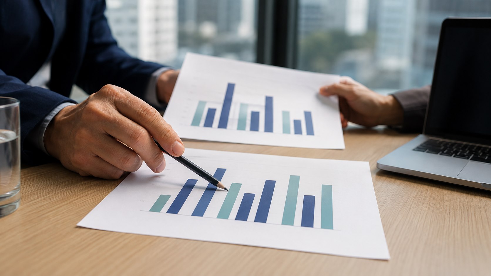 Analysts comparing printed bar charts at a desk, illustrating a review of annuity sales by product category.