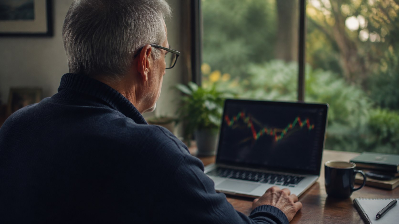 An investor examining a market chart on a laptop at home.