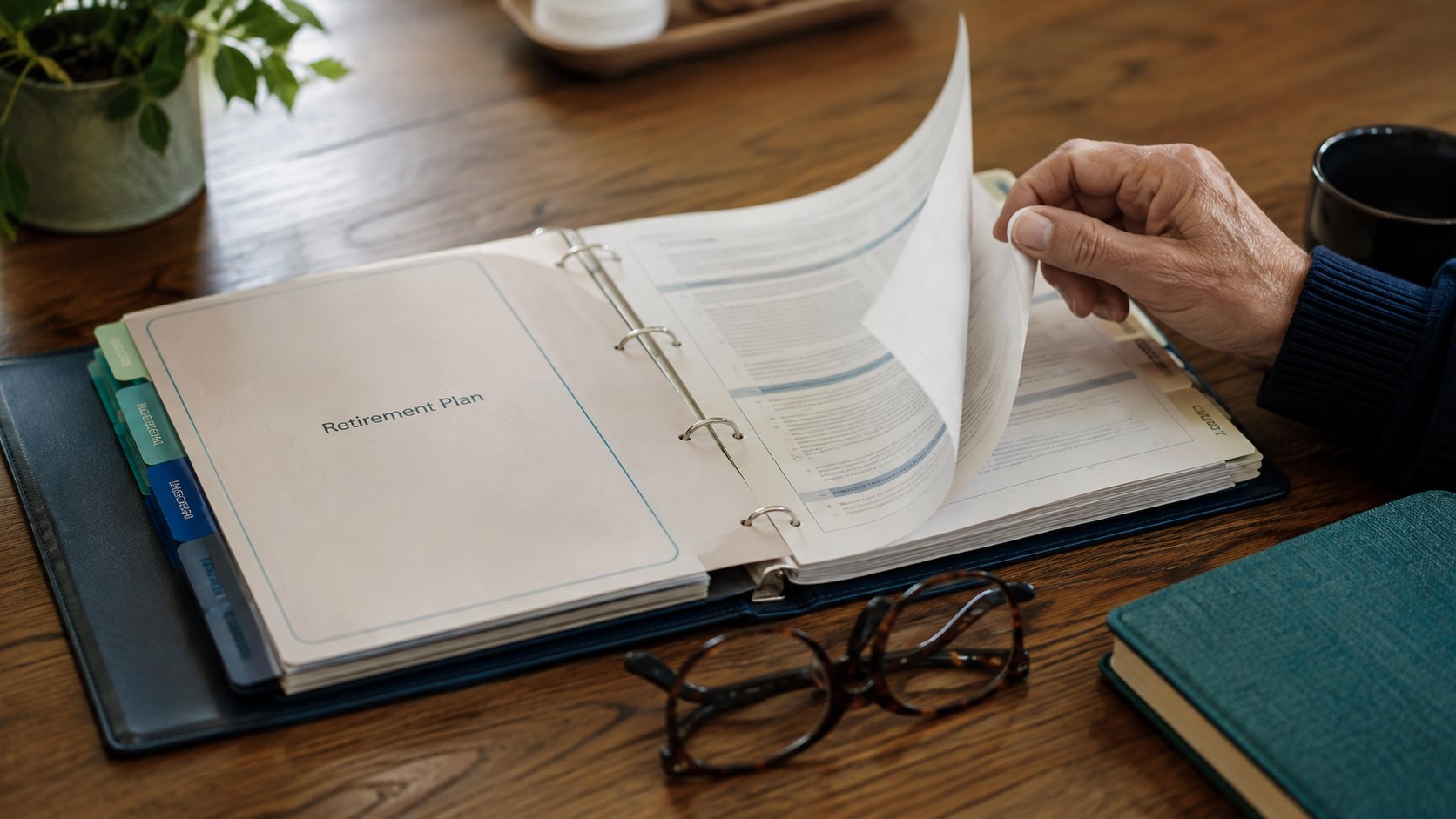 An older adult reviewing a tabbed retirement planning binder.